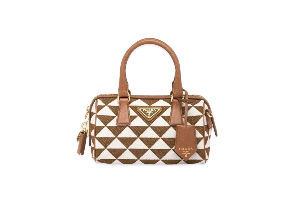 PRADA Symbole Embroidered Fabric Top Handle Bag "Tobacco/Chalk White"