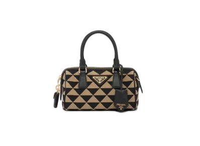 PRADA Symbole Embroidered Fabric Top Handle Bag "Black/Beige"