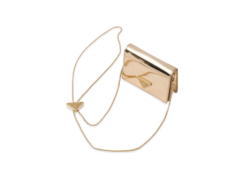 PRADA Brushed Leather Card Holder With Shoulder Strap "Platinum"