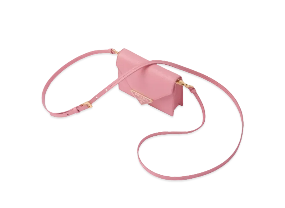 PRADA Saffiano Leather Card Holder With Shoulder Strap "Pink"