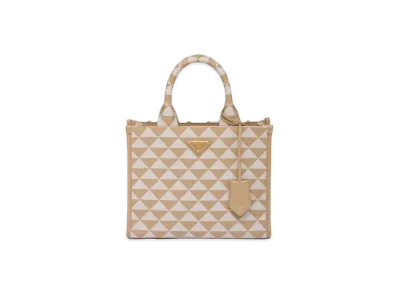 PRADA Symbol Embroidered Fabric Small Hand Bag "Beige/ Off White"