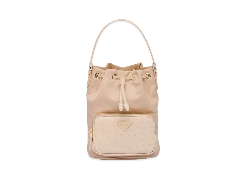 PRADA Re Nylon Ostrich Leather Shoulder Bag "Cameo Beige"