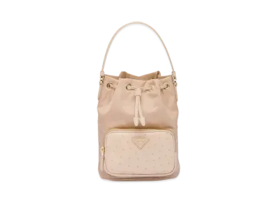 PRADA Re Nylon Ostrich Leather Shoulder Bag "Cameo Beige"