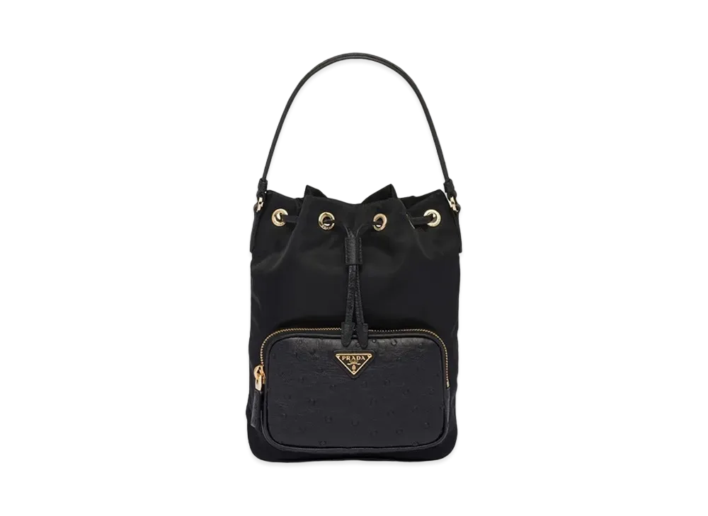 PRADA Re Nylon Ostrich Leather Shoulder Bag "Black"