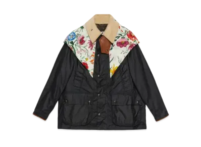 GUCCI Barbour Wax Cotton Jacket With Gucci Flora Silk Hood "Navy Blue"