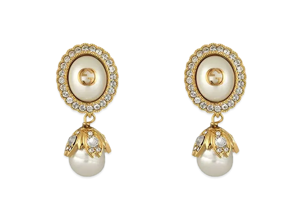 GUCCI Interlocking G Pearl Earrings Tone Metal "Antique Gold"