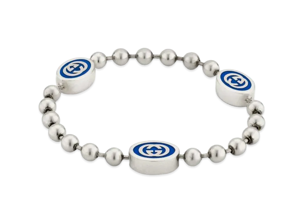 GUCCI Interlocking G Bull Chain Bracelet Enamel "Blue/Silver"