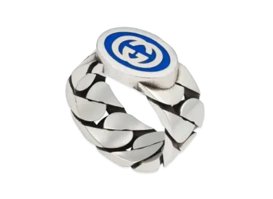 GUCCI Interlocking G Enameled Ring Enamel "Blue/Silver"