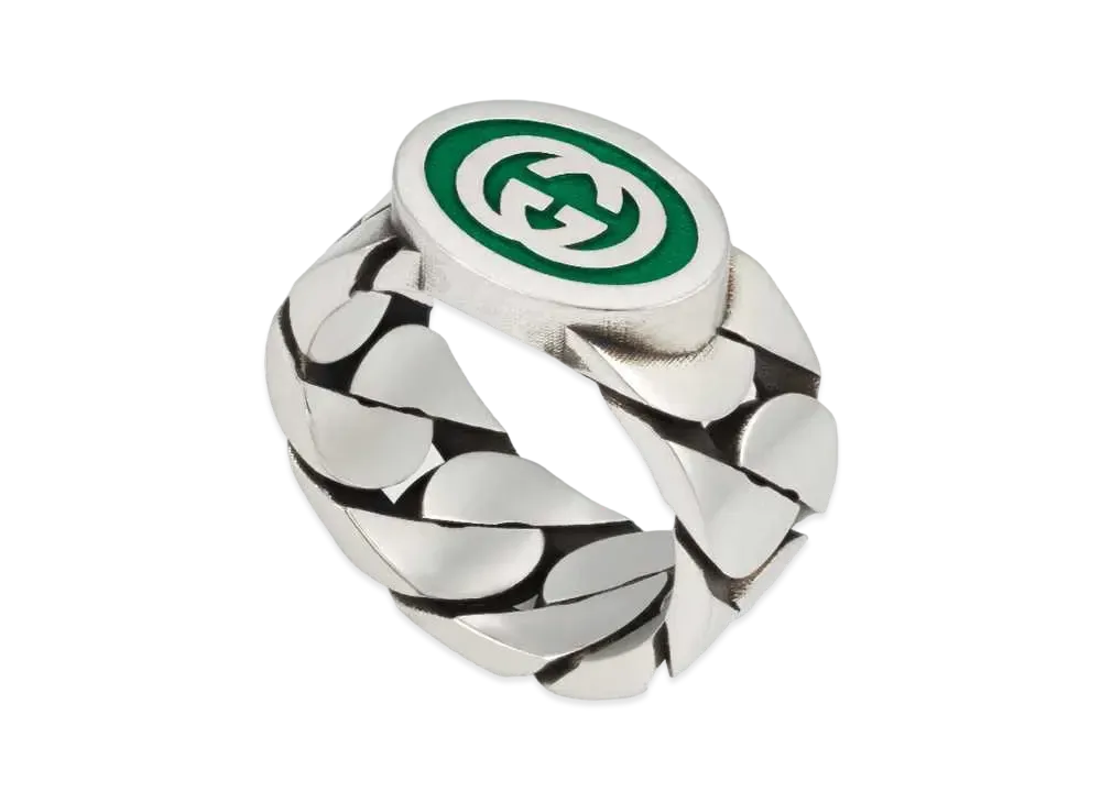 GUCCI Interlocking G Enameled Ring Enamel "Green/Silver"