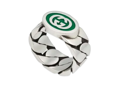 GUCCI Interlocking G Enameled Ring Enamel "Green/Silver"