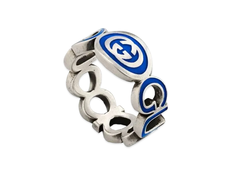 GUCCI Interlocking G Enameled Ring Enamel "Blue/Silver"