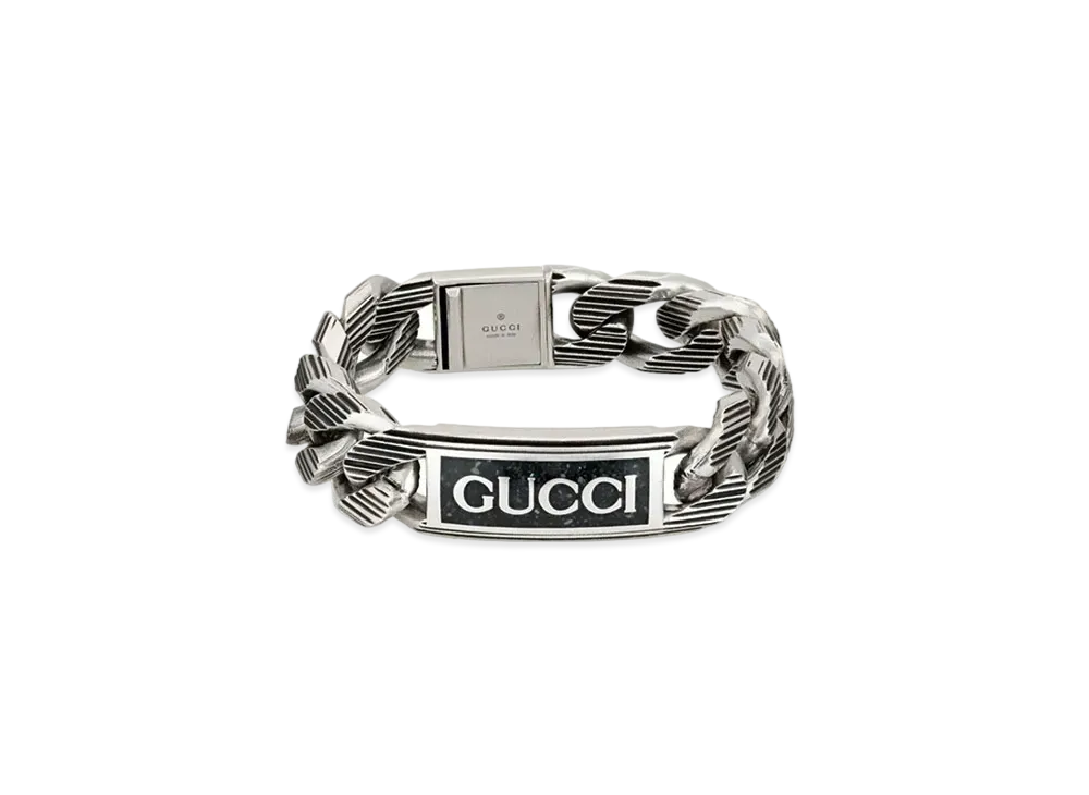 GUCCI Logo Wide Enamel Bracelet "Silver"