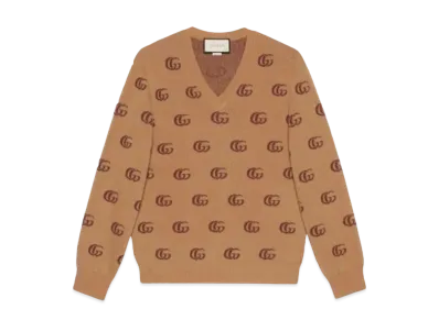 GUCCI Men's Double G Jacquard Wool V Neck Sweater "Brown"