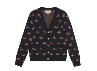 GUCCI Men's GG Knit Cashmere Jacquard Cardigan "Navy/Beige"