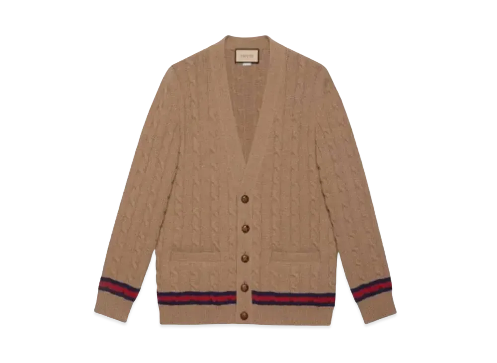 GUCCI Men's Cable Knit Cashmere Cardigan With Web "Camel"