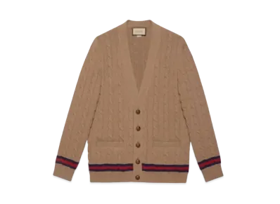 GUCCI Men's Cable Knit Cashmere Cardigan With Web "Camel"