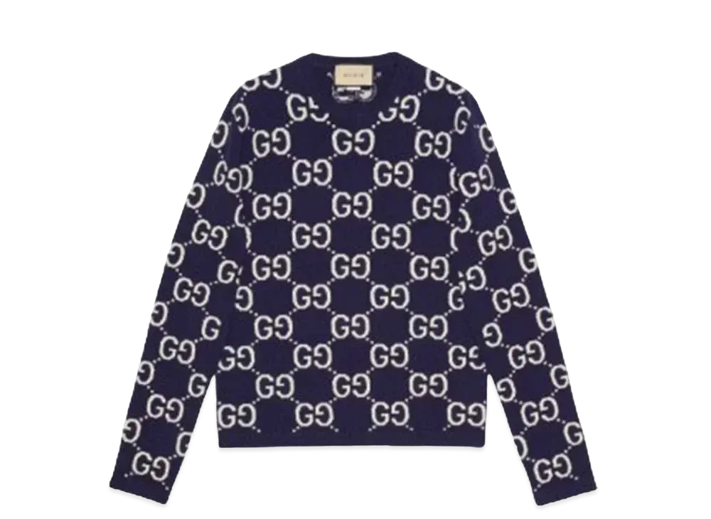 GUCCI Men's GG Wool Jacquard Sweater "Blue/Ivory"
