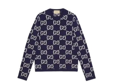 GUCCI Men's GG Wool Jacquard Sweater "Blue/Ivory"
