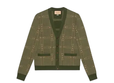 GUCCI Men's Horsebit Jacquard Knit Cardigan "Green"