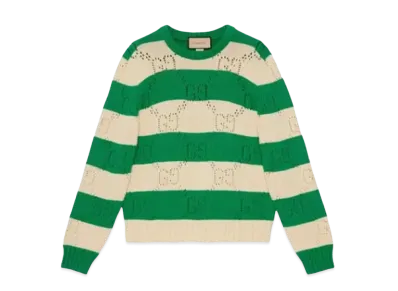 GUCCI Men's GG Lace Striped Knit Sweater "Green/Ivory"