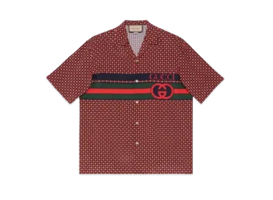 GUCCI Men's Geometric Houndstooth Print Bowling Shirt "Red"
