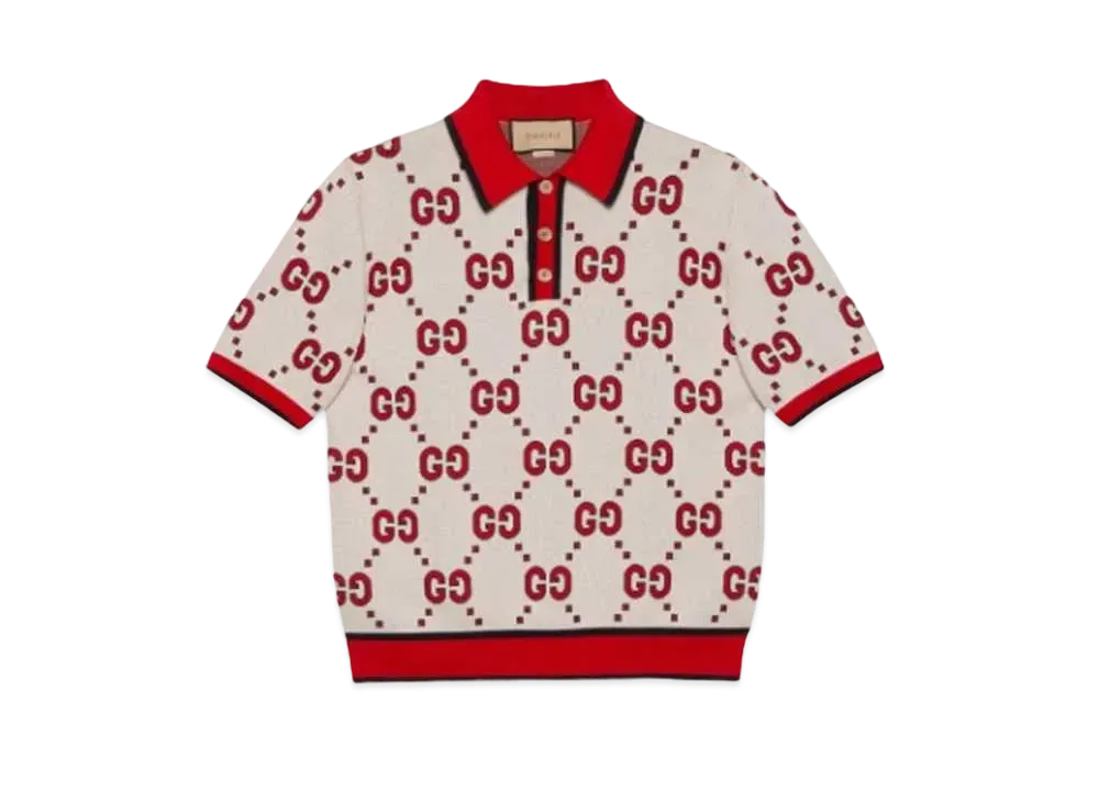 GUCCI Men's GG Cotton Polo T-shirt "Ivory/Red"
