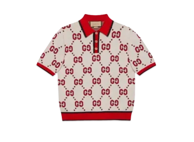 GUCCI Men's GG Cotton Polo T-shirt "Ivory/Red"