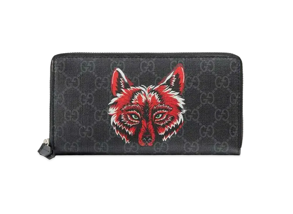 GUCCI Wolf Printed GG Supreme Zip Around Wallet "Black"