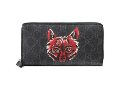 GUCCI Wolf Printed GG Supreme Zip Around Wallet "Black"