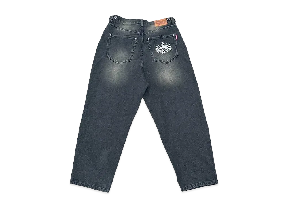 9090 King Logo Wide Tuck Denim Pants "BLACK YELLOW"