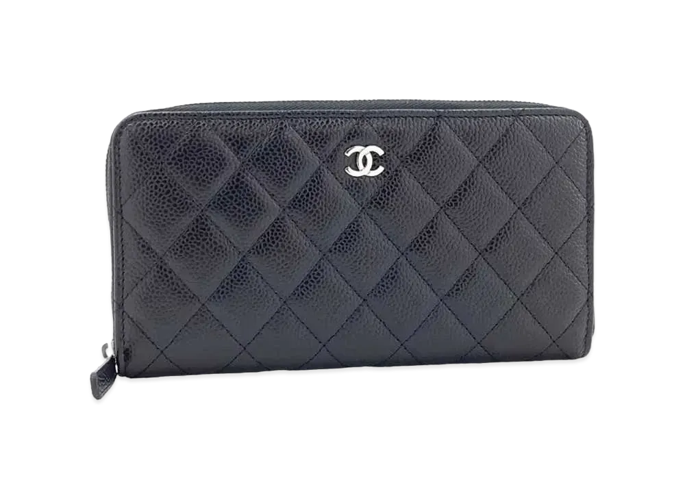 CHANEL Round Zipper Long Wallet Classic Matelasse Coco Mark Caviar Skin Canvas "Black"