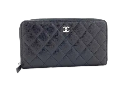 CHANEL Round Zipper Long Wallet Classic Matelasse Coco Mark Caviar Skin Canvas "Black"