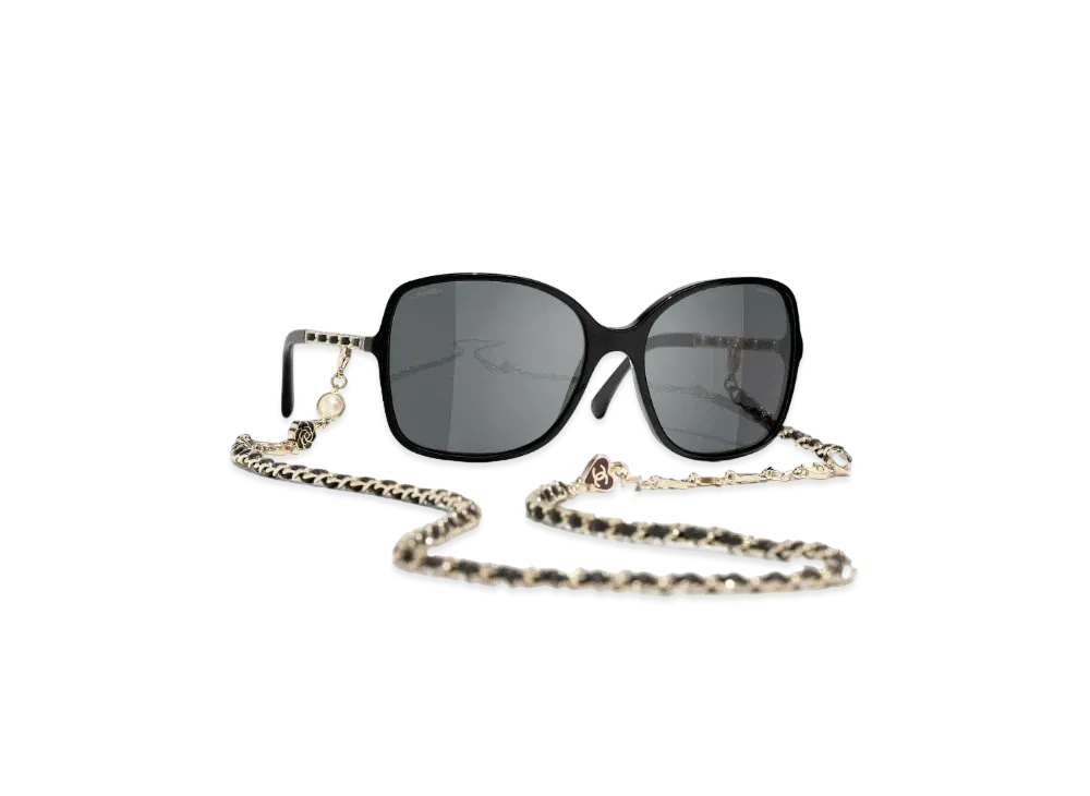 CHANEL Square Sunglasses Acetate Metal & Calfskin Lenses Gray "Black"