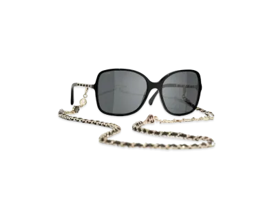 CHANEL Square Sunglasses Acetate Metal & Calfskin Lenses Gray "Black"