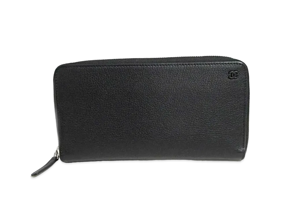 CHANEL Matte Mini Coco Mark Round Zipper Long Wallet Goatskin "Black/Silver"