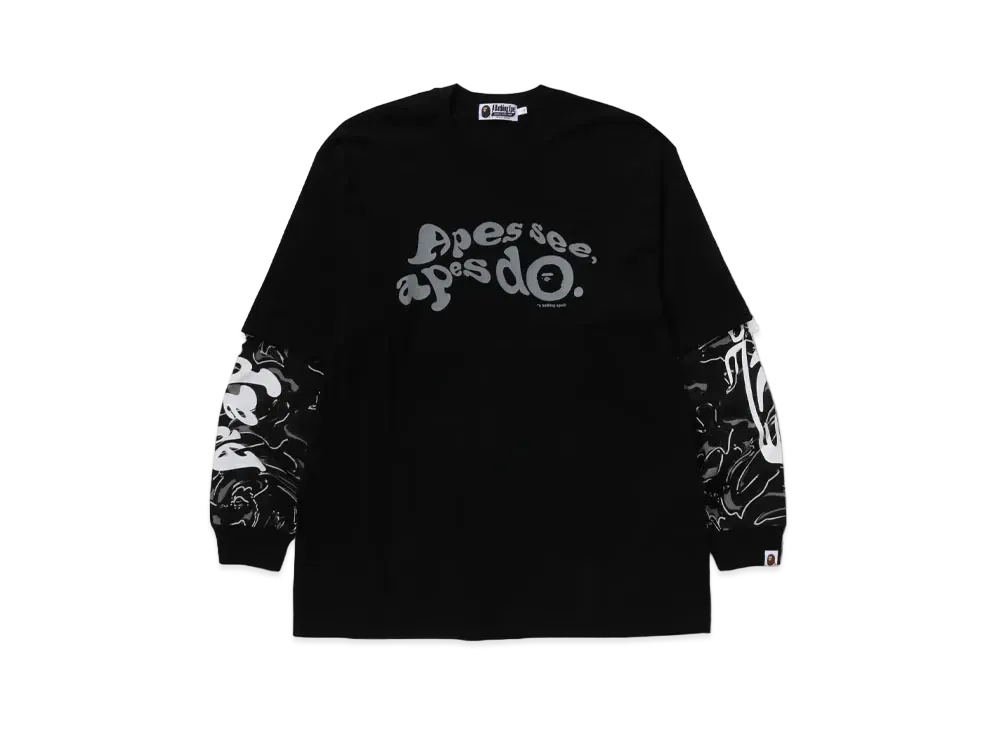 A BATHING APE Multi Logo Layered Sleeve LS Tee "Black"