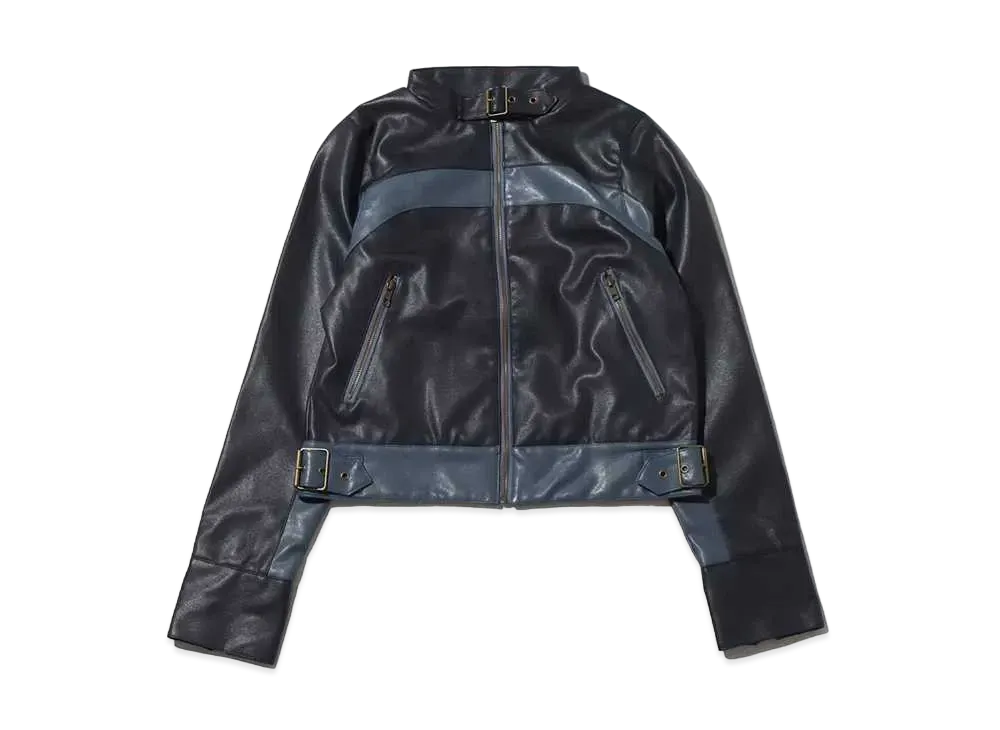 atmos pink Color Scheme Faux Leather Jacket "Navy"