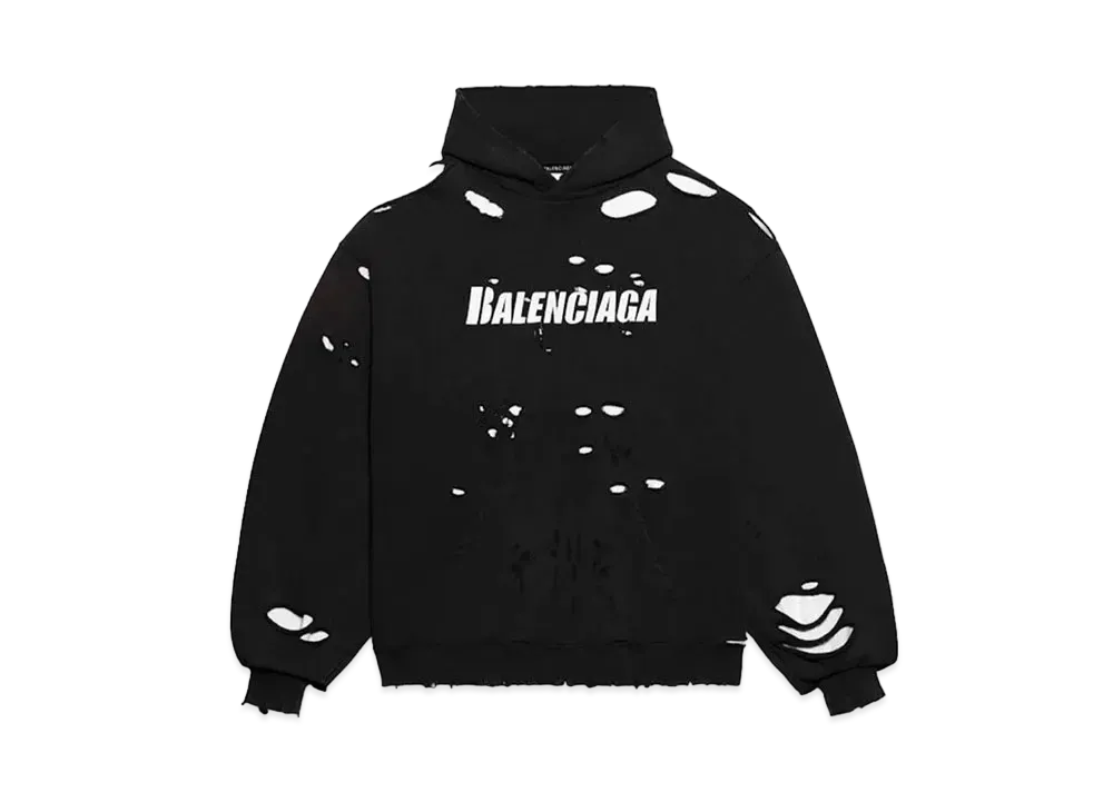 BALENCIAGA MENS Destroyed Hoodie "Black/White"