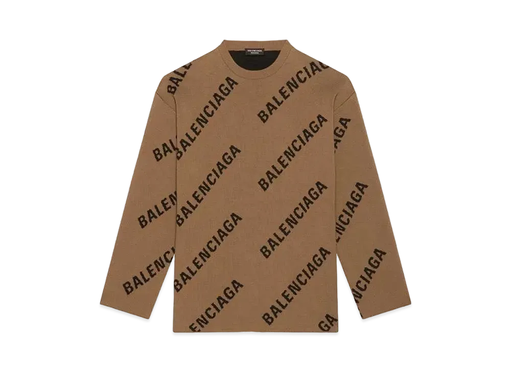 BALENCIAGA MENS Allover Logo Crewneck Knit "Light Brown/Black"