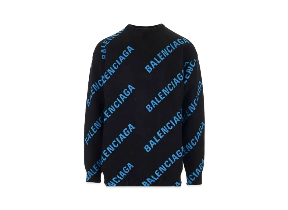 BALENCIAGA MENS Allover Logo Crewneck Knit "Black/Blue"