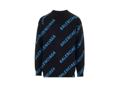 BALENCIAGA MENS Allover Logo Crewneck Knit "Black/Blue"