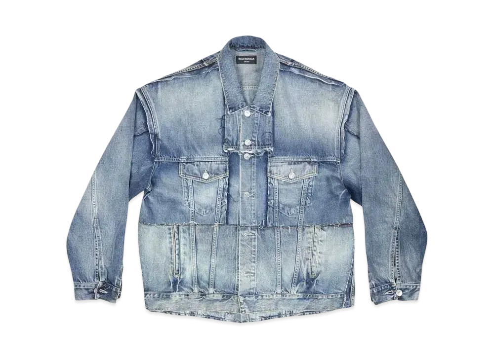 BALENCIAGA MENS Oversized Cut Up Ring Denim Jacket "Blue"