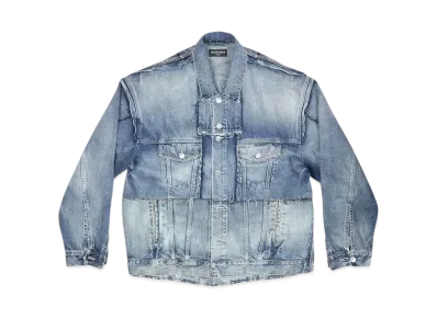 BALENCIAGA MENS Oversized Cut Up Ring Denim Jacket "Blue"