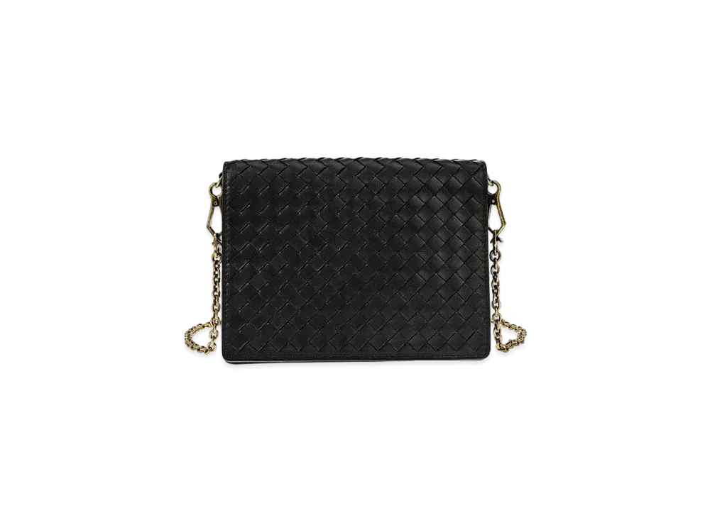 Bottega Veneta Intrecciato Lambskin Wallet With Chain "Black/Gold"