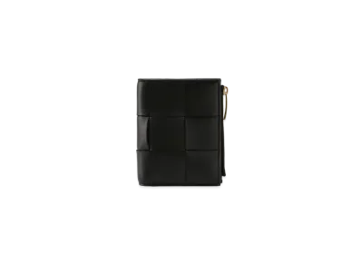 Bottega Veneta Intrecciato Lambskin Calfskin Small Cassette Bifold Zip Wallet "Black"