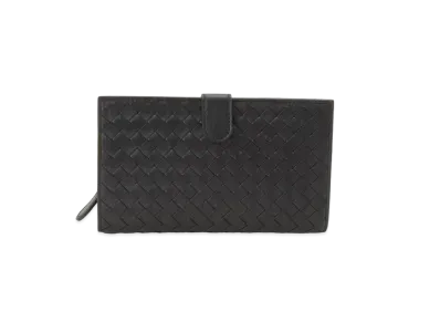 Bottega Veneta Intrecciato Lambskin Medium Bi-fold Zip Wallet "Black"