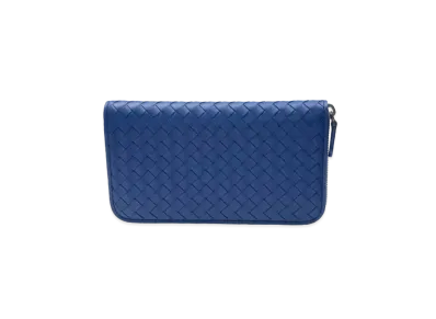 Bottega Veneta Intrecciato Lambskin Zip Around Wallet "Blue"