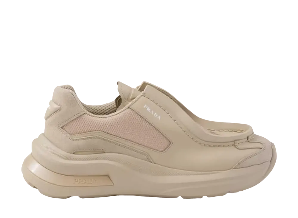 PRADA Systeme Brushed Leather Sneakers with Bike Fabric and Suede Elements "Sand Beige"