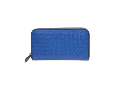 Bottega Veneta Intrecciato Lambskin Zip Around Wallet "Blue/Black"