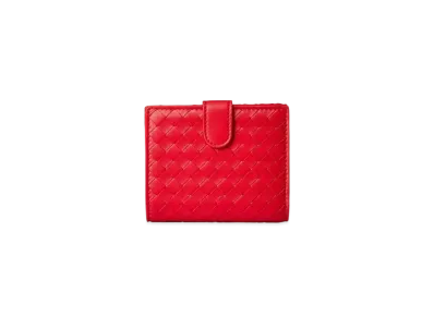 Bottega Veneta Intrecciato Lambskin Compact Bi-fold Wallet "Bright Red"